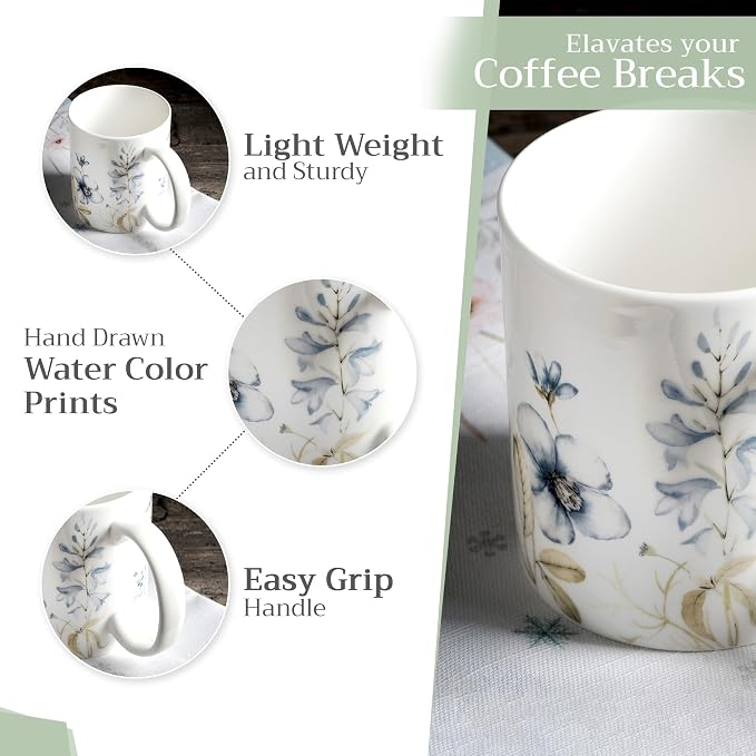 Maison d' Hermine Coffee Mug with Handles Tea Cups (12 Ounce, Pack of 1) | Fine Bone China Coffee Mugs for Hot Beverages Cappuccino Latte Home Restaurant Spring Summer -Ice Florals - Forsty Morning - Image 5