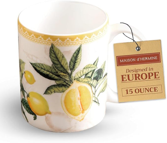 Maison d' Hermine Coffee Mug with Handles Tea Cups (15 Ounce, Pack of 1) | Fine Bone China Coffee Mugs for Hot Beverages Cappuccino Latte Home Restaurant Hotel Spring Summer -Limoncello - Combava by MaisondHermine