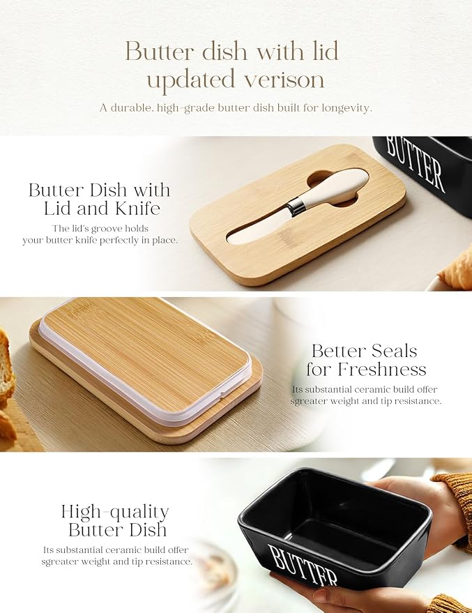 Ceramic Butter Dish with Lid and Knife & Silicone Seal for Countertop Black | Suitable Capacity, Great Sealing, Home Decor Kitchen Gift Housewarming Gift - Image 4