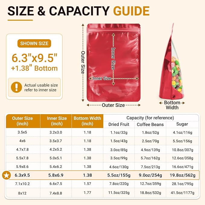 ANZNKU 100PCS Mylar Bags Resealable Small Smell Proof Bags(Red, 6.3x9.5) | Stand Up Foil Pouches Clear Window, Sealable Bags for Small Business Packaging Snack Party Favors Candy Treats Food Storage - Image 2