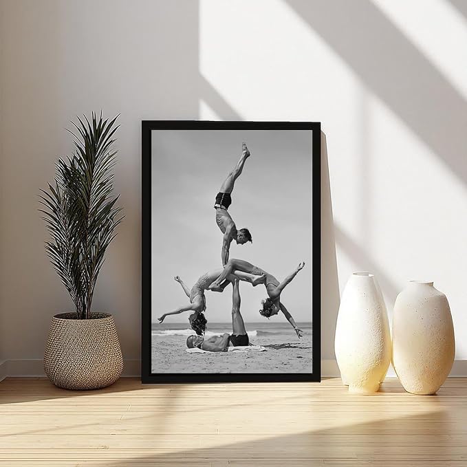 Gymnast Pose, 1930s Beach Fitness Acrobatics Vintage Black And White Photo Poster Canvas Poster Wall Art Decor Print Picture Paintings for Living Room Bedroom Decoration Black Frame 08x12in(20x30cm) - Image 6