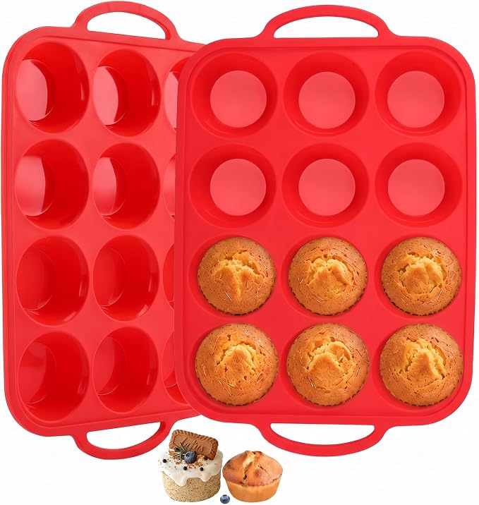 Redfly Silicone Muffin Pans for Baking 12 Cup with Metal Reinforced Frame, Nonstick 2Pack Regular Size Cupcake Pan, BPA Free Food Grade, Easy Release, Dishwasher Oven Freezer Safe for Egg Bite Molds by Redfly
