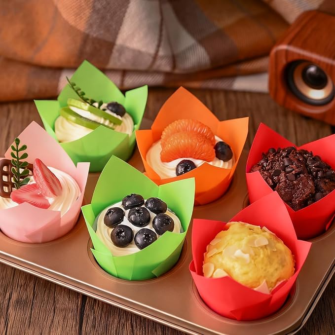 120 Counts Colorful Tulip Cupcake Liners for Baking Cups, Food Grade Parchment Paper Muffin Liners Holders, Standard Tulip Cupcake Liners, Greaseproof Cup Cake Wrappers for Party, Christmas, Neyimqr - Image 4