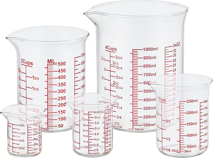 Ackers High Borosilicate Glass Measuring Cup Set with Pour Spout,60ml(2OZ),120ml(4OZ), 250ml(8OZ), 500ml(16OZ), 1000ml(32OZ) Glass Measuring Beaker for Kitchen or Restaurant, Easy to Read by AckersBORO33