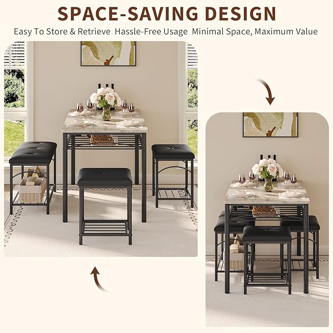 GarveeHome Dining Table Set for 4 with Upholstered Benches and 2 Stools, Modern Space Saving Kitchen Breakfast Table, Ideal for Small Kitchens, Apartments, Studios, and Compact Living Spaces - Image 7