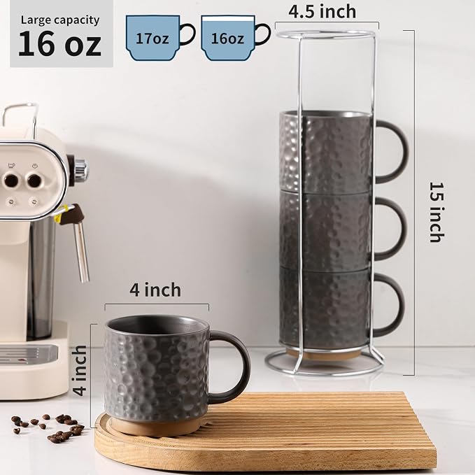 Nihow 16 Oz Ceramic Coffee Mug Set of 4 with Stackable Stand,Matte Gray | Stackable, Stainless Stand Included, Cappuccino & Tea, Hot/Cold Drinks, Dishwasher & Microwave Safe - Image 2