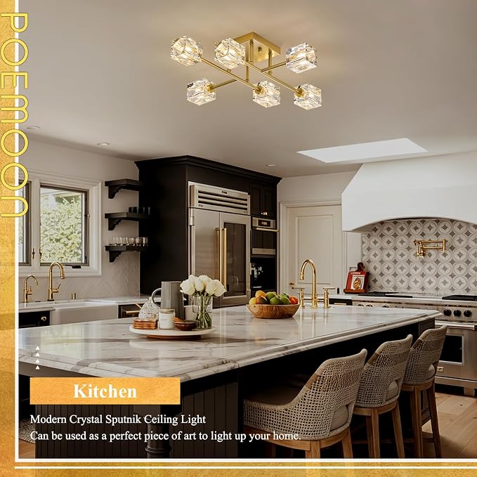 24" Gold 6-Light Luxury Semi Flush Mount Ceiling Light Modern K9 Crystal Kitchen Island Sputnik Chandelier for Dining Room Entryway Bedroom Living Room - Image 4