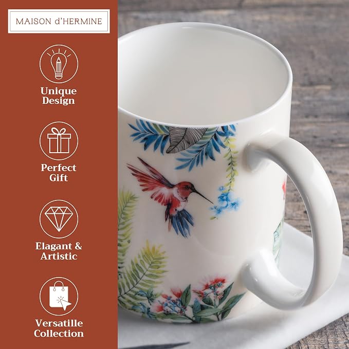 Maison d' Hermine Coffee Mug with Handles Tea Cups (12 Ounce, Pack of 1) | Fine Bone China Coffee Mugs for Hot Beverages Cappuccino Latte Home Restaurant Hotel Spring Summer -Tropiques - Colibris - Image 2