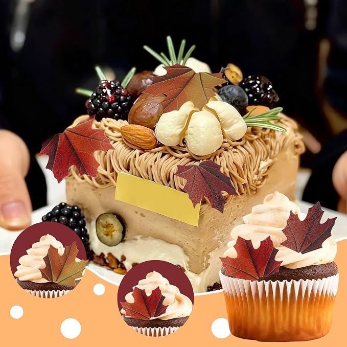 50 Edible Maple Leaf Cake Toppers Autumn Leaf Cupcake Decorations for Christmas, Birthday, and New Year Party Decorations by Unknown