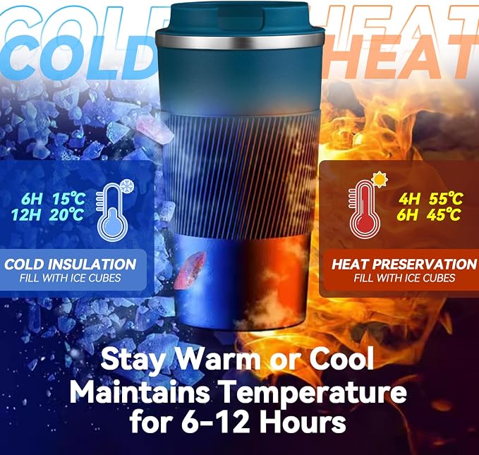 12OZ Travel Coffee Mug Insulated Coffee Cup with Spill Leak Proof Lid, Portable Stainless Steel Tumbler Reusable Hot and Cold Water Mug for Car, Daily, Camping- Blue - Image 6