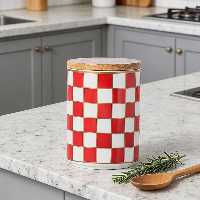 Kitchen Countertop Ceramic Checkered Canisters,Black And White Food Storage Containers With Lid,Airtight Kitchen Canisters for Flour, Sugar, Coffee, Tea, and Dry Goods (Red, Small) - Image 8