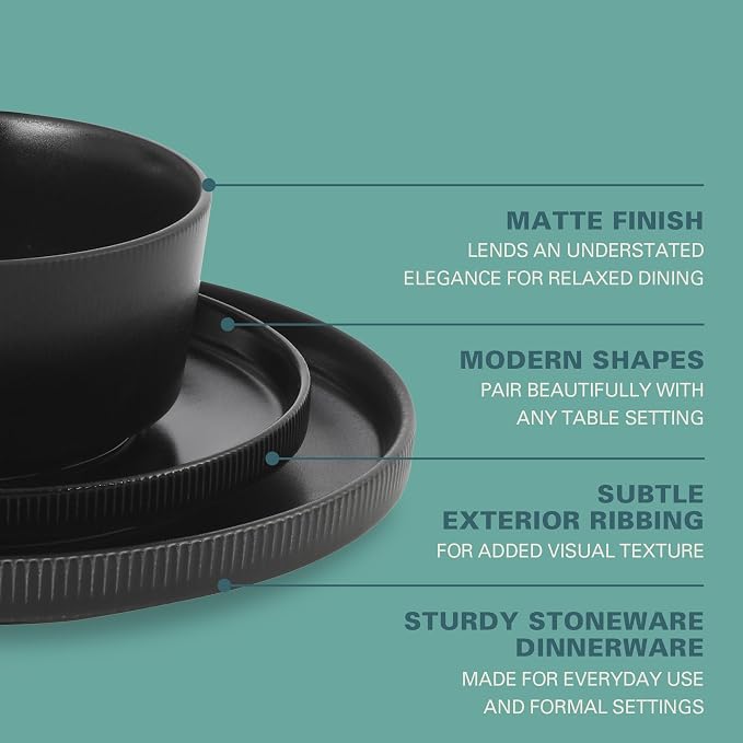 Gibson Home Dempsey Road 12-Piece Stoneware Dinnerware Set – Service for 4, Round Black Plates and Bowls, Durable Solid Color Modern Embossed Dish Set, Microwave & Dishwasher Safe - Image 4