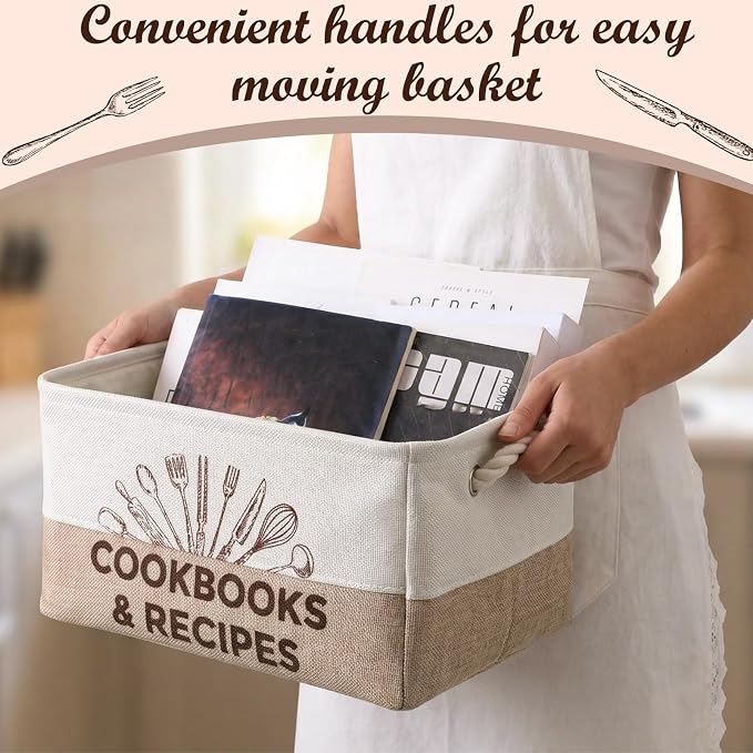 Marsui Cookbook Lover Gifts Recipe Book Storage Basket Large Foldable Bin Burlap Kitchen Decor Bin for Recipe Books Cookbooks Organizer Pantry Tabletop Shelf Closet Floor - Image 3