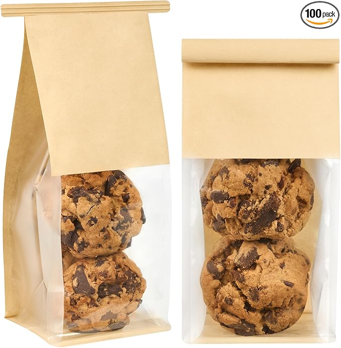 Ocmoiy Small Cookie Bags with Window, 3.9 x 3.5 x 9.5 Inches, 100 Pack | Tin Tie Tab Lock, Bakery Packaging Bag, Resealable Paper Pastry Bags, For Homemade Granola, Popcorn, Candies, Treat by Ocmoiy