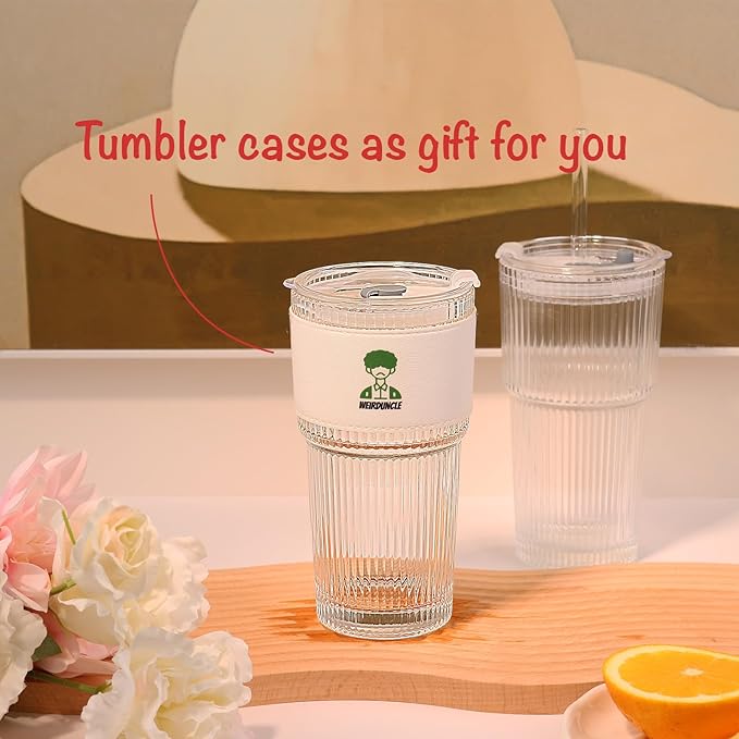 Ribbed Glass Tumbler with Lids and Straws, 20oz Vintage Clear Glass cups, Large capacity, Unbreakable, Fluted Design, Ideal for Water, Iced Coffee, Juice, Tea, Latte, Gift (4)
