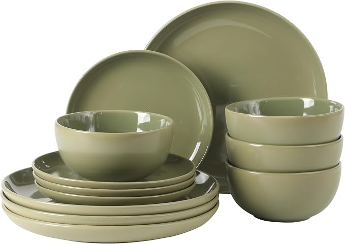 Gibson Home Rockaway 12 Piece Plates and Bowls Matte Outside/Shiny Inside Glaze Service for 4 Dinnerware Set - Green - Dishwasher and Microwave Safe by GibsonHomewares