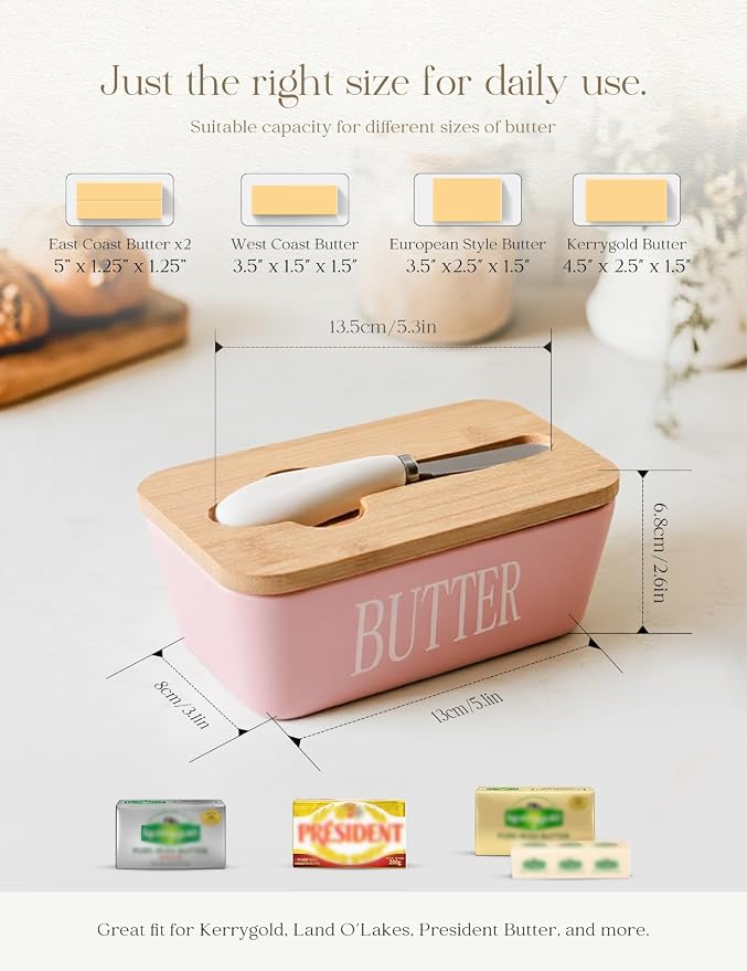 Ceramic Butter Dish with Lid and Knife & Silicone Seal for Countertop Pink | Suitable Capacity, Great Sealing, Home Decor Kitchen Gift Housewarming Gift - Image 2