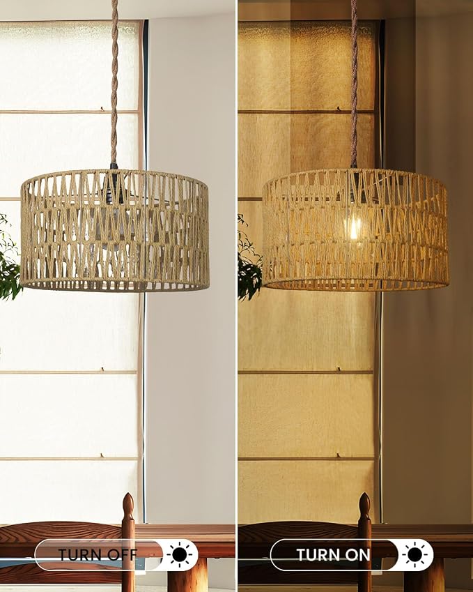 12.6 Inch Boho Hanging Light with Plug in Cord Rattan Hanging Lamp Hand Woven Rattan Wall Lightfor Bedroom, Living Room, Kitchen, Nursery, E26 Base, Indoor,Without Bulb - Image 3