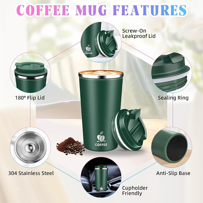 17oz Insulated Travel Coffee Mug with Flip Lid – Leakproof Stainless Steel Insulated Coffee Tumblers, Reuable Coffee Cup for Hot & Cold Drinks, Perfect for Camping & On-the-Go - Image 3