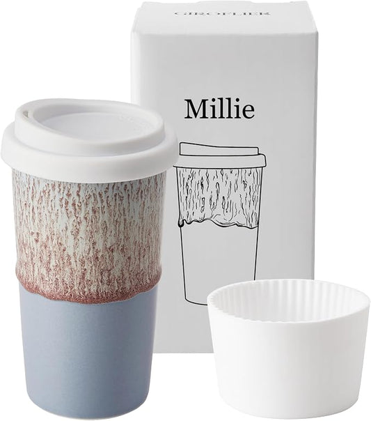Ceramic Travel Mug with Lid (12 oz) – Aesthetic Coffee Cup for Women & Men, Modern Minimalist Travel Mug, Microwave & Dishwasher Safe, Fits Car Cup Holder (Whispy Blue) by Giroflier