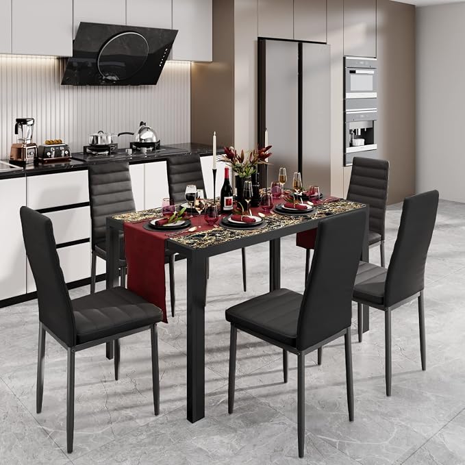 Gizoon Marble 7 Piece Glass Dining Table Set, Kitchen Table and Chairs Set | PU Leather Modern Dining Room Furniture,Dining Table Sets,Space Saving Table and Chairs Set for Home, Kitchen, Living Room - Image 8