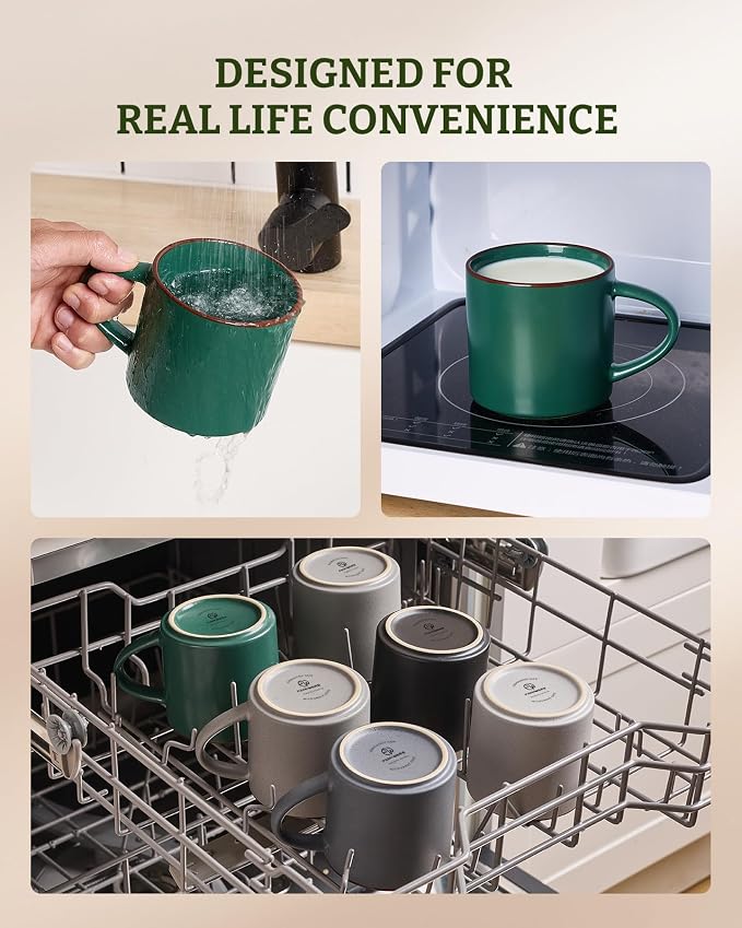 famiware Coffee Mugs Set of 8, Nebula 14oz Coffee Mugs, Ceramic Cup Set with Handle for Latte, Tea, Milk, Cappuccino, Dark Green - Image 6