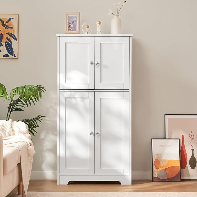 TEENFON Bathroom Floor Storage Cabinet, Freestanding Bathroom Storage Unit with 2 Adjustable Shelves & 4 Doors, White - Image 2