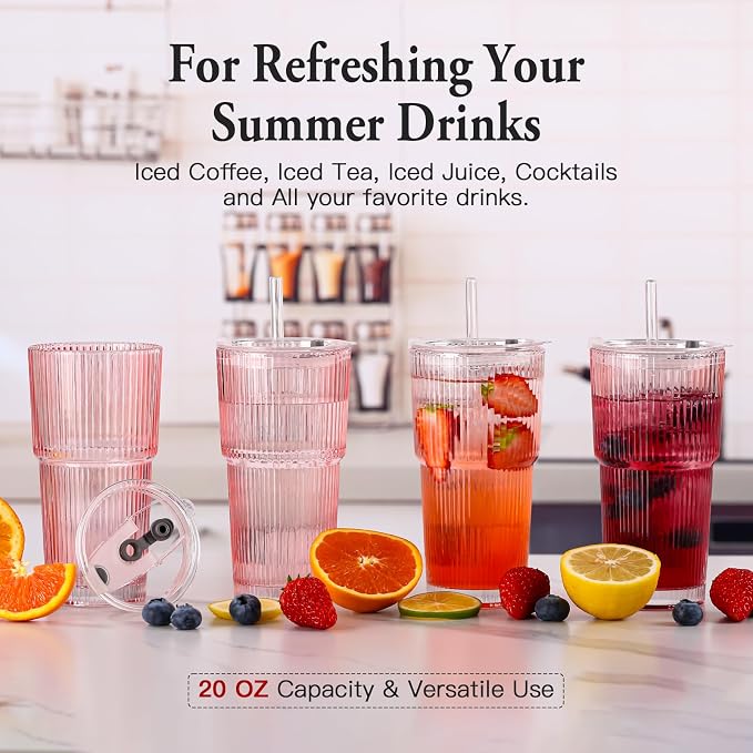 4PCS Pink Ribbed Glass Cups with Lids and Straws, 20oz Vintage Drinking Glasses, Aesthetic Iced Coffee Cups, Glass Tumbler for Boba, Beer, Tea, Cocktails, Ribbed Glassware Set,Pink - Image 5