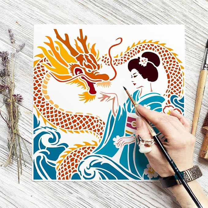 FINGERINSPIRE Japanese Geisha Painting Stencil with Brush 11.8x11.8inch Plastic PET Wave Dragon Drawing Template Decorative Hollowed Oriental Theme Stencil for Painting on Wood Canvas Fabric Clothes - Image 6