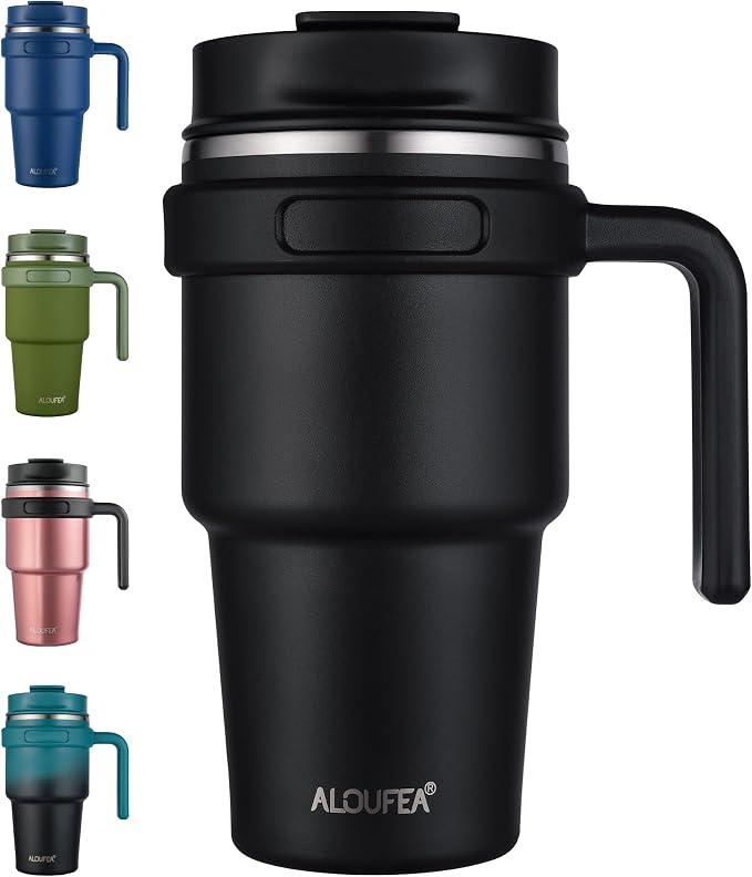 20 oz Insulated Travel Coffee Mug Tumbler with Handle and Straw | Leakproof Stainless Steel Coffee Cup with Lid, Double Wall Vacuum Ice Thermal Cup, Black by ALOUFEA