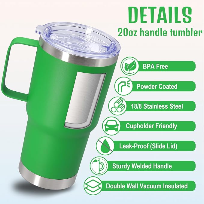20 oz Tumbler with Handle and Lid Insulated Travel Coffee Mug Green 1P | Stainless Steel Tumbler, coffee tumbler with handle,Spill Proof Double Wall Vacuum Tumbler Cup Keep Drink Hot & Cold - Image 3