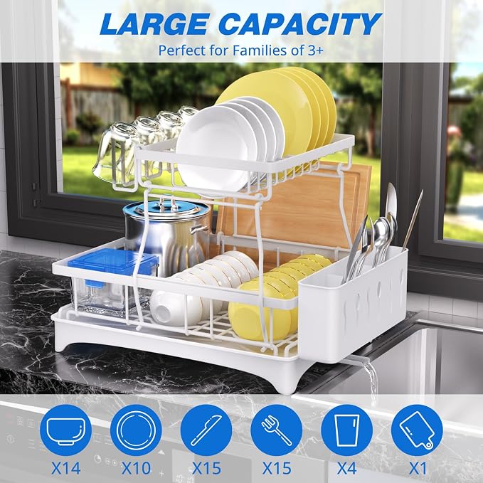 Godboat 2-Tier Dish Drying Rack - Dish Rack with Auto Drain-to-Sink & Mat | Dish Racks for Kitchen Counter, Dish Drainer with Knife Fork & Cup Rack, Gifts for Women, Mothers Day, Kitchen Gadgets, White - Image 2