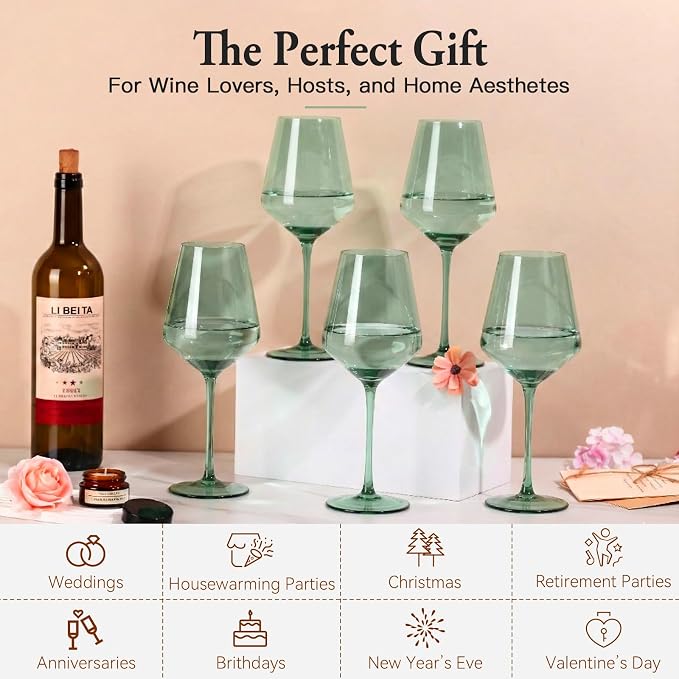 Green Wine Glasses Set of 6, Handblown Colored Wine Glasse,Green Coloful Glassware，17OZ for Red or White Wine - Image 7