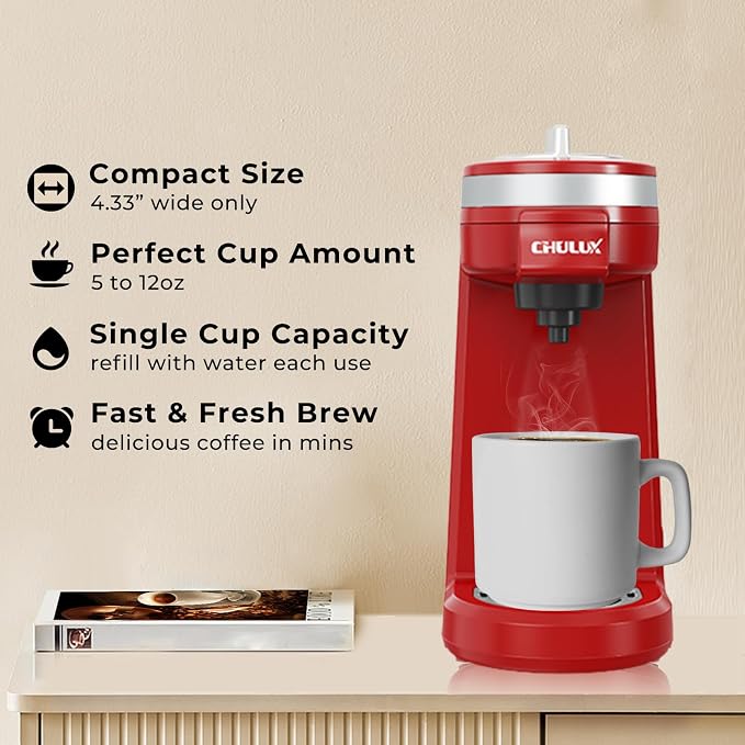 CHULUX Mini Single Cup Coffee Maker for K Pod, Perfect for Small Space, Red | Fast-Heating Boiler System, Single Cup Brewing, Portable Compact Design, Four-Hole Multi-Stream Needle, Adjustable Drip Tray - Image 2