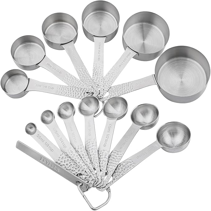 18/8 Stainless Steel Measuring Cups and Spoons Set 14 for Baking & Kitchen, Metric & US Metal 6 Measuring Cups and 7 Measuring Spoons with 1 Leveler