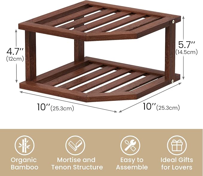 VERTORGAN 2 Tier Bamboo Plate Organizer,Corner Shelf for Kitchen(Brown | Pantry Storage,Dish Rack,Spice Rack,Corner Organizer,Kitchen Counter Shelves,Kitchen Storage,Holds Plates - Image 3