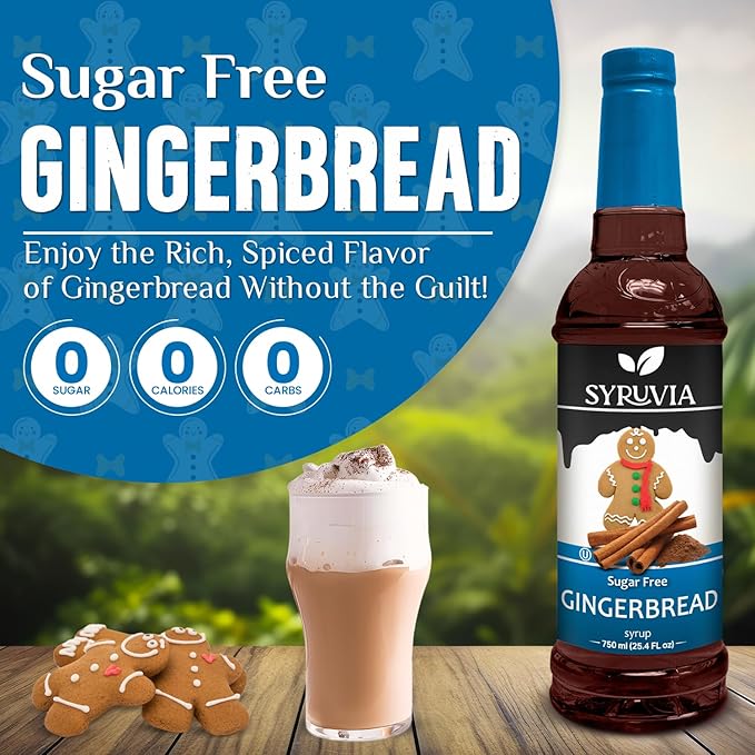 Syruvia Sugar Free Gingerbread Syrup for Coffee, Flavored Syrup for Drinks, Lattes, and Desserts – 25.4 fl oz