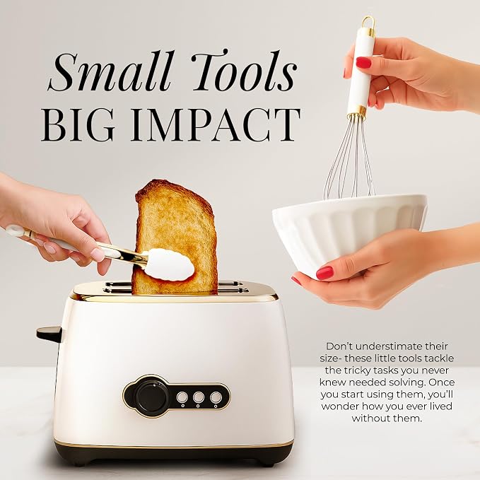 Styled Settings White & Gold Cooking Utensils Set, 8-Piece | Kitchen Utensils Set Includes Can Opener, Tongs and Garlic Press, White and Gold Kitchen Accessories for Kitchens - Image 3