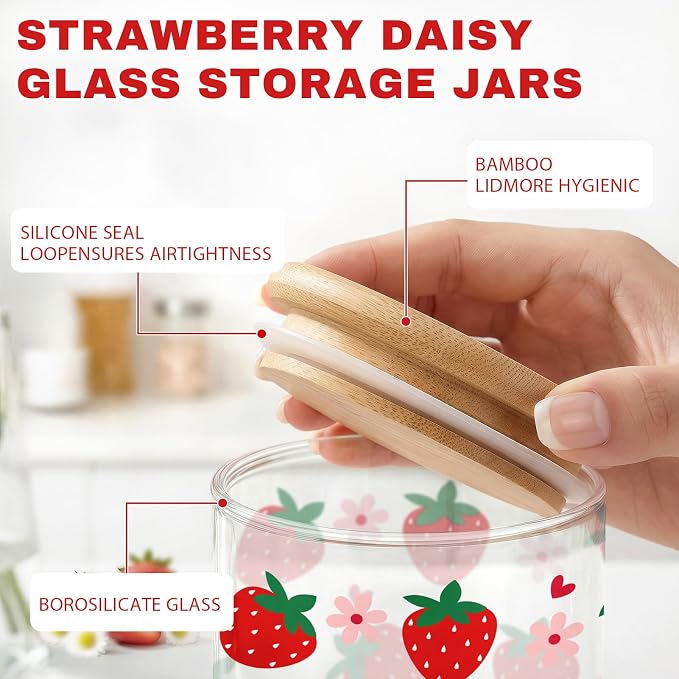 Strawberry Glass Storage Jars with Lids, Candy Cookie Jars, 3 Pcs | Cute Strawberry Candy Cookie Jars Canister Set for Girls Women Summer Containers Home Kitchen Counter Decor - Image 4