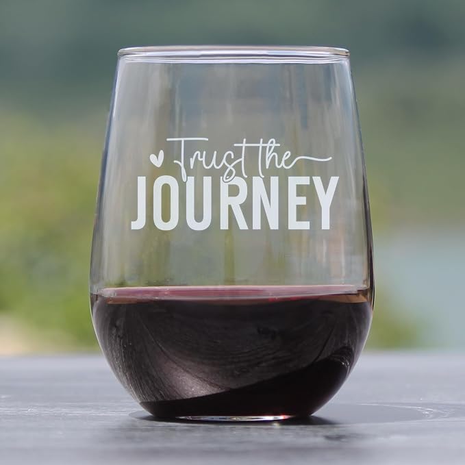 Trust The Journey Stemless Wine Glass, 17oz Hand Engraved Inspirational Quote Etched Glassware - Image 2