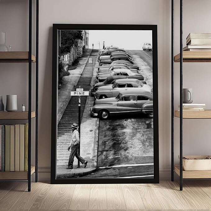 UXCBIA Pine Street, Streets of San Francisco 1950s, Black And White, Vintage Poster Canvas Poster Bedroom Decor Sports Landscape Office Room Decor Gift Black Frame 08x12in(20x30cm) - Image 4