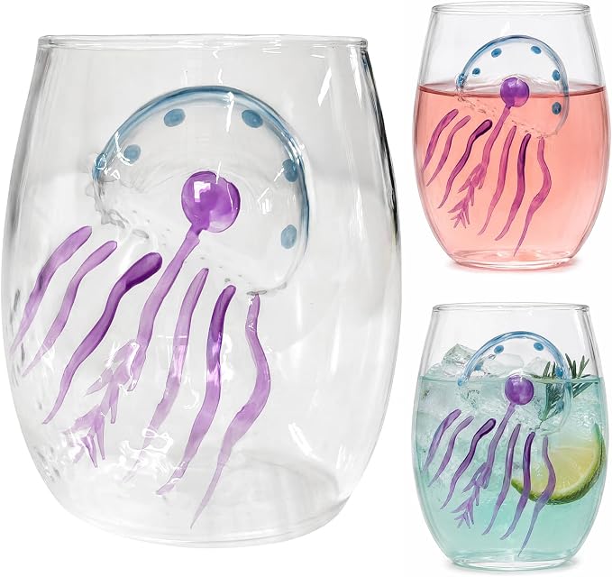 Ocean Themed Jellyfish Hand-Blown Coastal Glassware for Gifts | Ocean Themed Octopus Glassware Hand Blown Coastal Stemless Wine Glasses—Unique Coastal Decor Gift for Ocean Lovers - Image 8