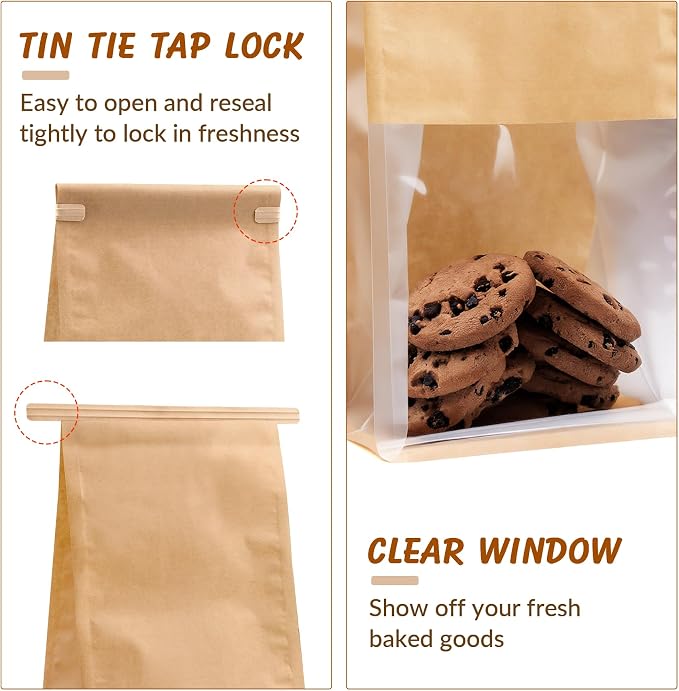 105 Pcs Bakery Bags with Window,Paper Cookie Packaging Bags | 5.1x6.2x10.5 Inches Ties Lock for Breads, Popcorn, Candies,Treats, Snacks, Baked Goods Packaging - Image 4