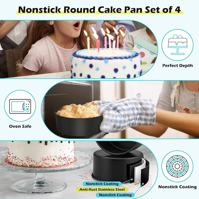 LIANYU 6 inch Cake Pans for Baking, Round Cake Pan Set of 4, Nonstick Stainless Steel Baking Tin Bakeware for Birthday Wedding Party, Non Toxic Coating, 3 Inch Deep, Black - Image 2