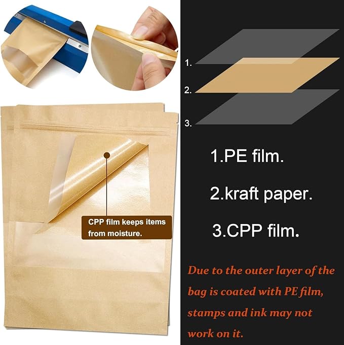 100 Pcs Kraft-Paper-Bags with Window, Small 3.9 * 5.9 inch Stand Up Zipper Pastry Bags, Zip Lock Food Storage Bag for Packaging Products, Reusable, Sealable - Image 3
