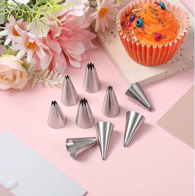 9Pcs Open Star Piping Tips Set, French Star Tube Set Frosting Nozzle Kit,Stainless Steel Star Pastry Tips for Cupcakes Cakes Cookies Decorating (Small Size)