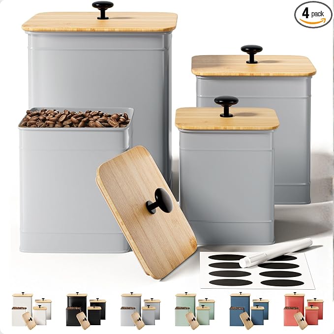 Kitchen Canisters for Countertop Set of 4 w/ Chalkboard Labels & Marker Pen | Airtight Easy Open Bamboo Lids, Dent-Resistant Thick Metal, Customizable Chalkboard Labels, Marker Pen Included, Set of 4 by HBDesignCo