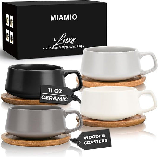 MIAMIO - Cappuccino Cup Set of 4, Ceramic (9.5oz) - Luxe (Classic Pastel) | Ceramic cappuccino cups and saucers, wide latte cups and mugs for Americano, 4-piece set of ceramic cups, dishwasher safe by MIAMIO