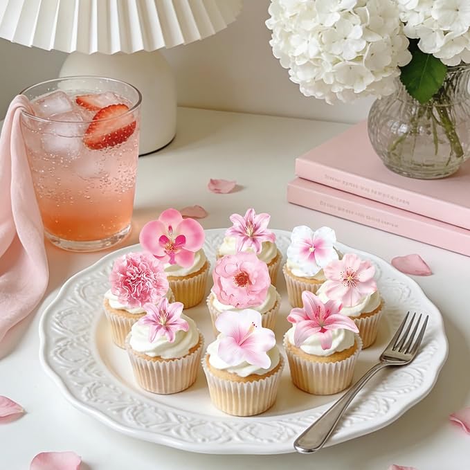 72 PCS Edible Flowers Cupcake Toppers Wafer Paper Flower Birthday Party for Baby Shower Wedding Birthday Party Cake Food Decorations Supplies - Image 2