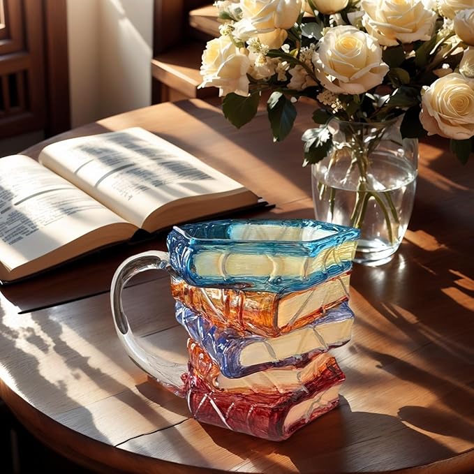 3D Painted Book Stack Glass Coffee Mug, 12.99 oz Colorful Heat-Resistant Cup, Christmas & Holiday Gifts for Books Lovers, Readers, Writers, Librarians, Book Club and Bookworm Fans